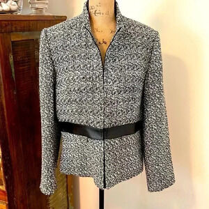 Black and White Tweed Jacket with Faux Leather Trim - Size